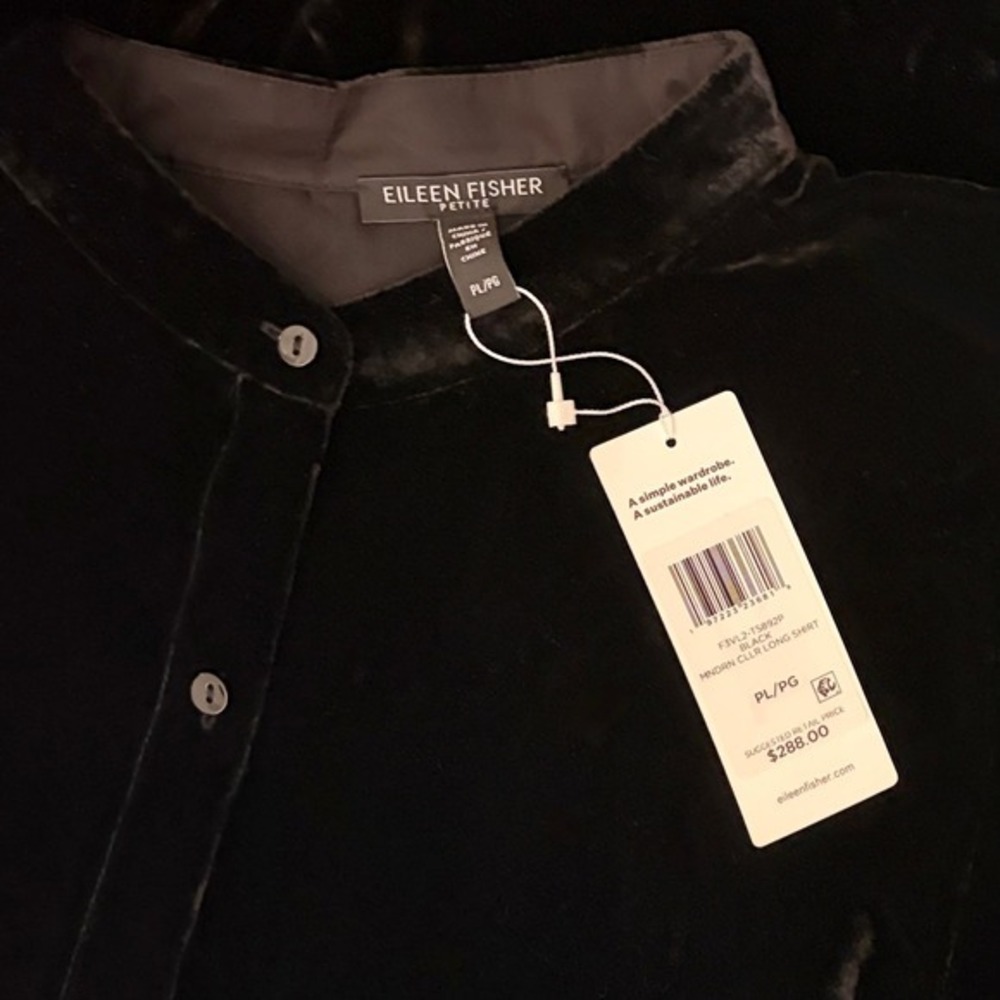 NWT! EILEEN FISHER Silk Velvet Mandarin Collar Top Buttondown Black Large Petite - Picture 11 of 14